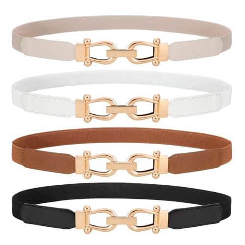 WERFORU 4 Pack Women Skinny Elastic Waist Belt Gold Buckle Stretchy Thin Belt for Jeans Dress - Image 1