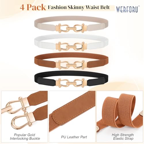 WERFORU 4 Pack Women Skinny Elastic Waist Belt Gold Buckle Stretchy Thin Belt for Jeans Dress - Image 3