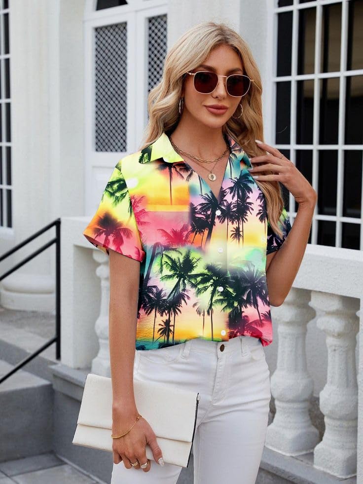 UNIQUEONE Women Hawaiian Shirt Soft Cool Summer Hawaii Tshirts Beach Tropic Print V Neck Button up Tops Floral Short Sleeve Tops - Image 2
