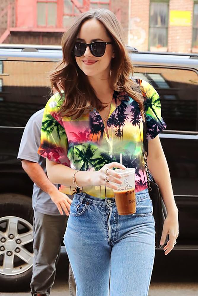 UNIQUEONE Women Hawaiian Shirt Soft Cool Summer Hawaii Tshirts Beach Tropic Print V Neck Button up Tops Floral Short Sleeve Tops - Image 4