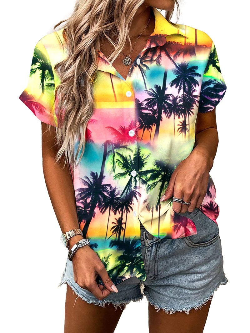 UNIQUEONE Women Hawaiian Shirt Soft Cool Summer Hawaii Tshirts Beach Tropic Print V Neck Button up Tops Floral Short Sleeve Tops - Image 1