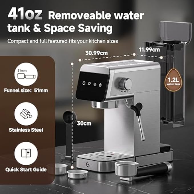 amzchef Espresso Machines With Led Touch Screen Espresso Coffee Machine Equip 20Bar Pressure System Cappuccino Machine Compact Latte Machine For Home GiftsSilver - Image 2