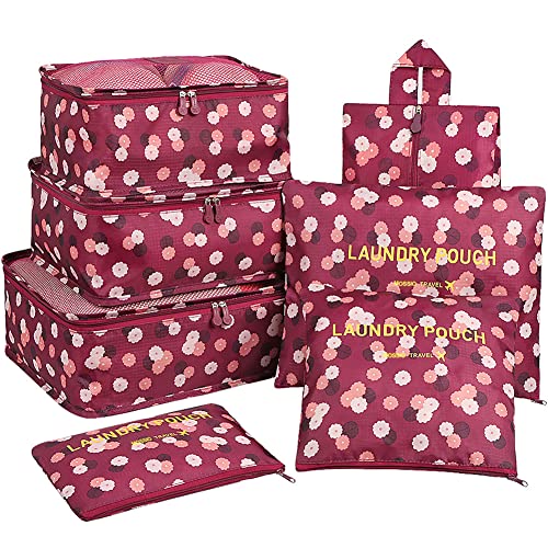 Mossio Travel Cubes,Mossio 7 Piece Compact Carry On Luggage Organizer Value Folders Travel Bag Wine Flower - Image 1