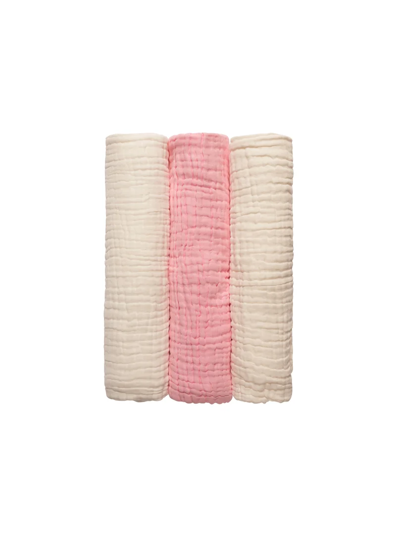 أنفي بيبي Set of 3- Organic 6 layered Muslin Bath Towel- Pink/White/White