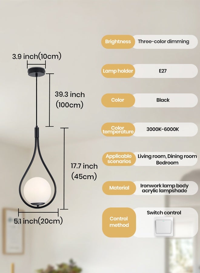 YATAI LIGHTING Modern LED Drop Pendant Light, 45cm Black Hanging Lamp with E27 Bulb Included, Adjustable Height, 3-Color 3000K-6000K Wall Switch Control, Minimalist Pendant for Bedroom and Kitchen Island - Image 2