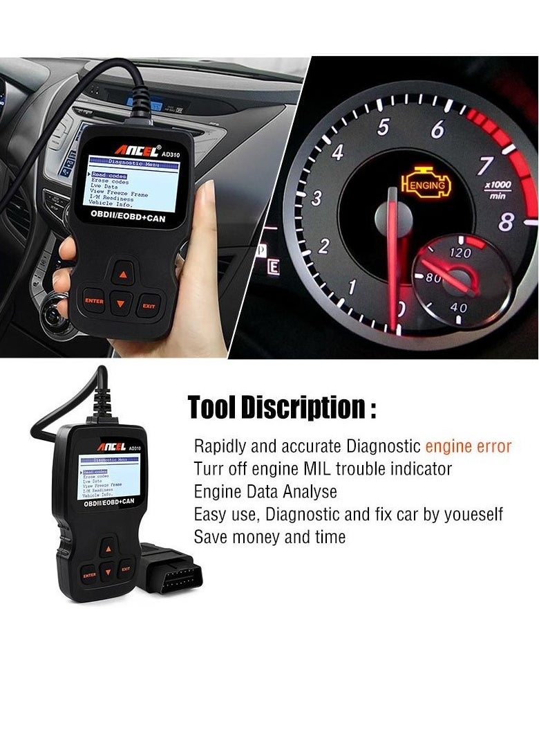 Ancel - ANCEL AD310 Classic Enhanced Universal OBD II Scanner Car Engine Fault Code Reader CAN Diagnostic Scan Tool-Black - Image 1