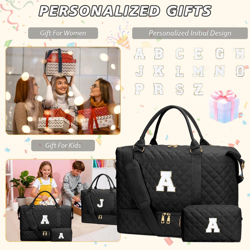 CLOUDWINGS Gifts for Women Girls Initial Travel Duffle Bag Quilted Weekender Carry-On Overnight with Cosmetic Bag, Gym Bag with Shoe Compartment, Black A - Image 3