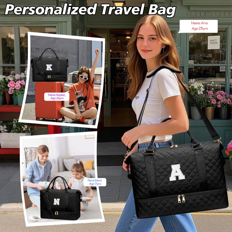 CLOUDWINGS Gifts for Women Girls Initial Travel Duffle Bag Quilted Weekender Carry-On Overnight with Cosmetic Bag, Gym Bag with Shoe Compartment, Black A - Image 4