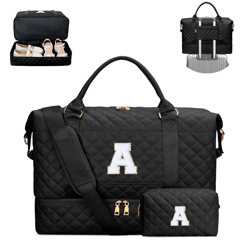 CLOUDWINGS Gifts for Women Girls Initial Travel Duffle Bag Quilted Weekender Carry-On Overnight with Cosmetic Bag, Gym Bag with Shoe Compartment, Black A - Image 1