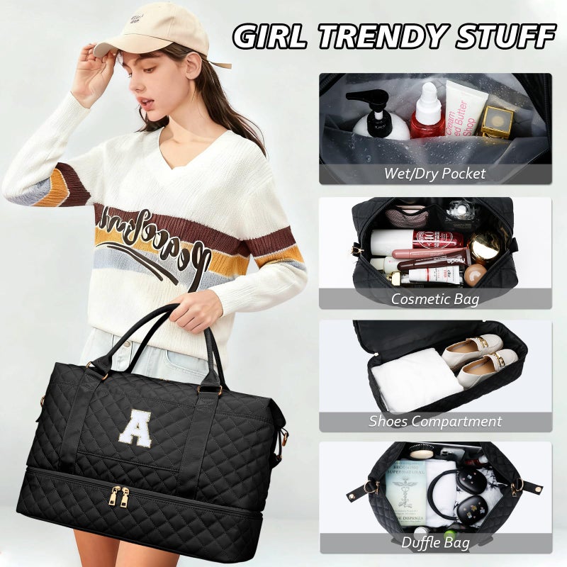 CLOUDWINGS Gifts for Women Girls Initial Travel Duffle Bag Quilted Weekender Carry-On Overnight with Cosmetic Bag, Gym Bag with Shoe Compartment, Black A - Image 5