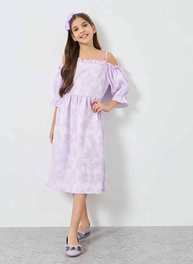 Styli Girls Lilac Floral Cold Shoulder Midi Dress