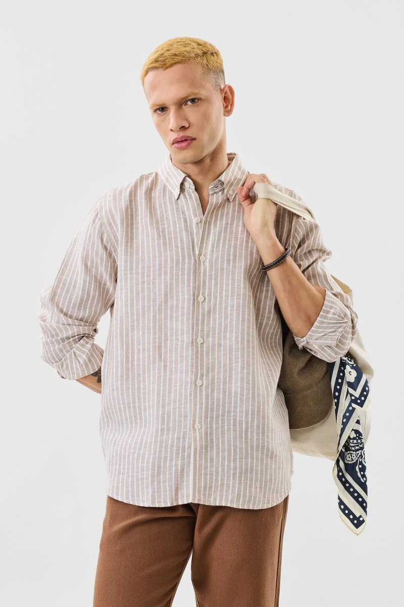 SNITCH Beige Striped Long Sleeve Regular Fit Shirt