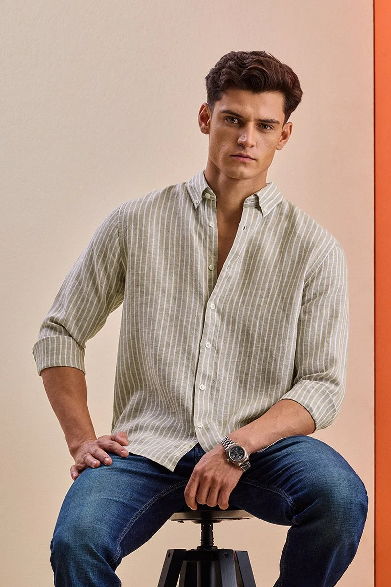 SNITCH Beige Striped Long Sleeve Regular Fit Shirt