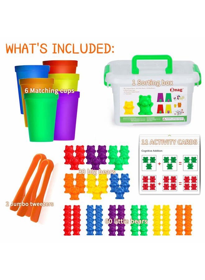 Bmag Counting Bears with Matching Sorting Cups,Number Colour Recognition STEM Educational Toy for Toddler, Pre-School Learning Toy with 90 Bears,2 Tweezers,11 Activity Cards,1 Storage Box - Image 2