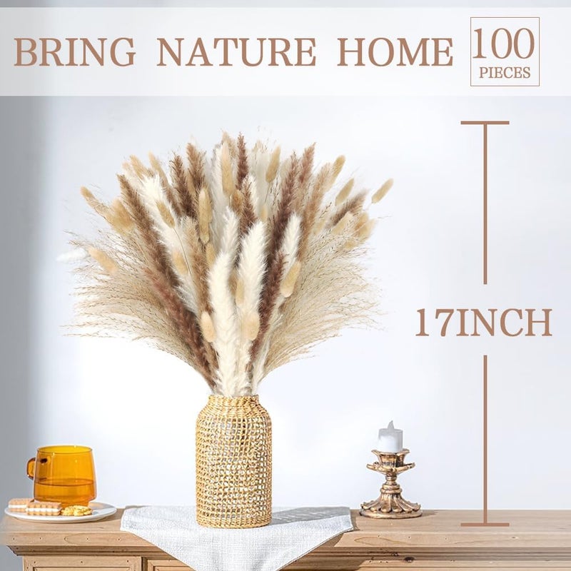 ROROUNE 100 Pcs Dried Pampas Grass Decor - 4 Various Natural Pampas Grass Contains Bunny Tails Dried Flowers, Reed Grass Bouquet for Wedding Boho Flowers Home Party Table Rustic Farmhouse Decor (17 inch) - Image 3