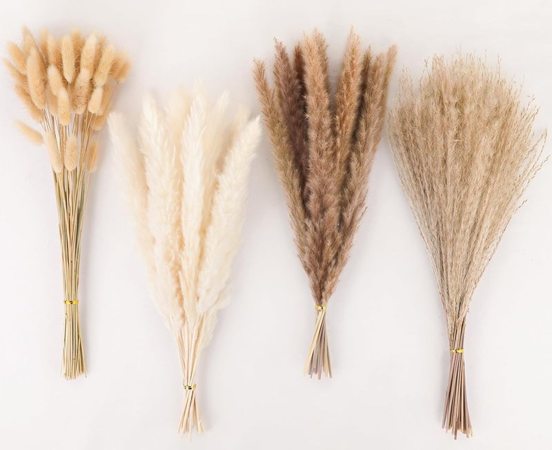 ROROUNE 100 Pcs Dried Pampas Grass Decor - 4 Various Natural Pampas Grass Contains Bunny Tails Dried Flowers, Reed Grass Bouquet for Wedding Boho Flowers Home Party Table Rustic Farmhouse Decor (17 inch) - Image 1