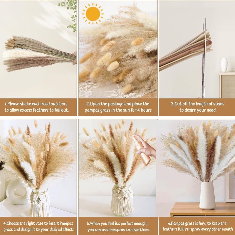 ROROUNE 100 Pcs Dried Pampas Grass Decor - 4 Various Natural Pampas Grass Contains Bunny Tails Dried Flowers, Reed Grass Bouquet for Wedding Boho Flowers Home Party Table Rustic Farmhouse Decor (17 inch) - Image 4