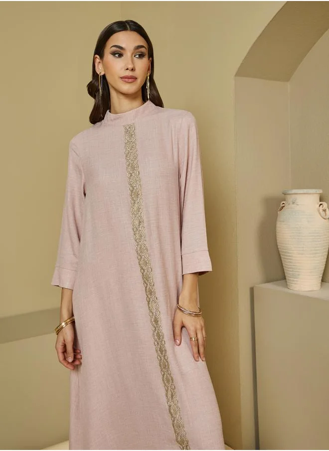 Styli Styli High Neck Lace Details Front Jalabiya