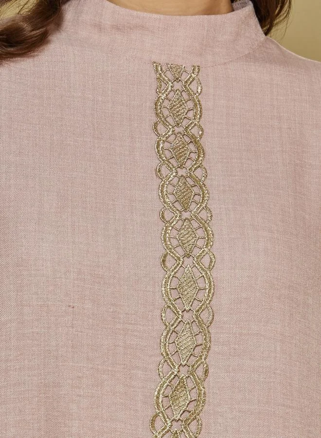 Styli Styli High Neck Lace Details Front Jalabiya