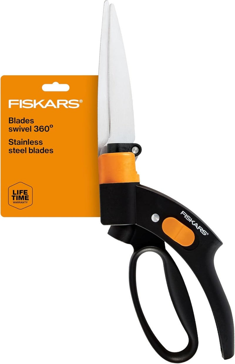 Fiskars Shear Ease Grass Shears - 5" Stainless Steel Blades - 360-Degree Swivel Blade Plant Cutting Scissors - Garden Shears and Grass Cutter, Black - Image 1