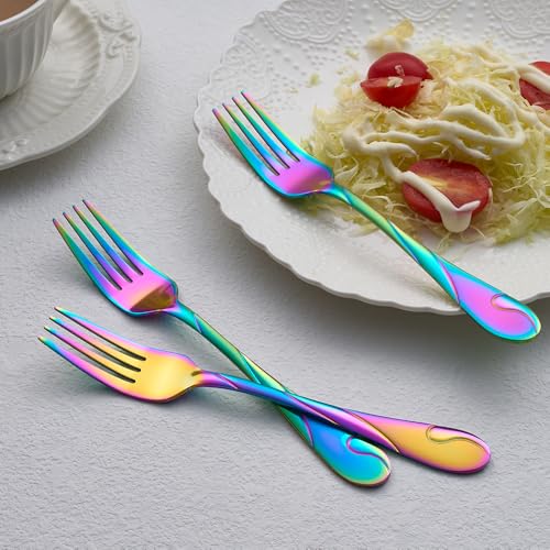 Seeshine Rainbow Salad Fork Set, 6.9-inch Stainless Steel Dessert Forks, 6-Piece Shiny Metal Small Cake Fork, Iridescent Silverware Set, Dishwasher Safe - Image 4