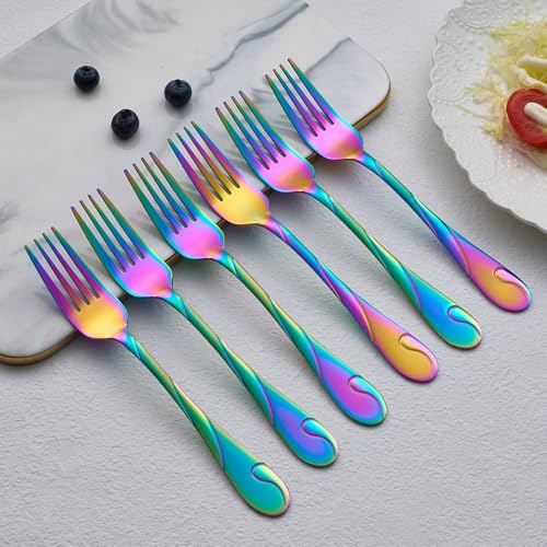Seeshine Rainbow Salad Fork Set, 6.9-inch Stainless Steel Dessert Forks, 6-Piece Shiny Metal Small Cake Fork, Iridescent Silverware Set, Dishwasher Safe - Image 5