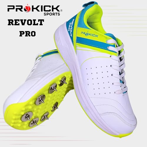 Prokick Revolt Pro Spike Cricket Shoes | Lightweight & Durable | Metal Spikes for Superior Grip | Ideal for Batting, Bowling & Fielding White/SEA Green/Lime Yellow-7 UK - Image 2