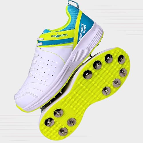 Prokick Revolt Pro Spike Cricket Shoes | Lightweight & Durable | Metal Spikes for Superior Grip | Ideal for Batting, Bowling & Fielding White/SEA Green/Lime Yellow-7 UK - Image 3
