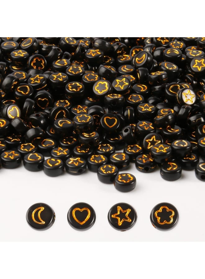 1000pcs Black Round Acrylic Beads 4x7mm Gold Moon& Heart& Star& Flower Mixed Pattern Beads for Jewelry Making and DIY Bracelets - Image 1