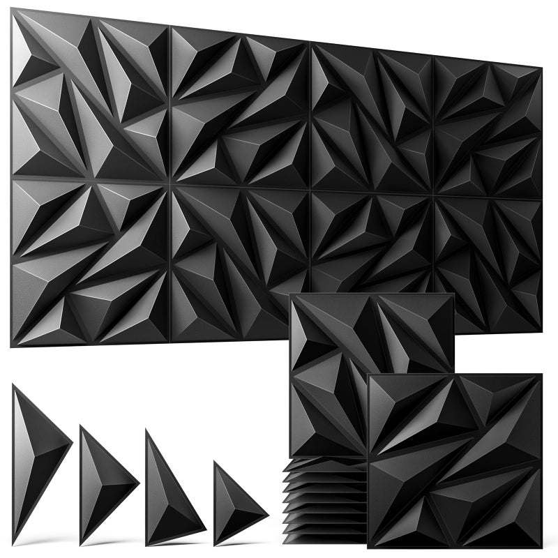 ZELMINE 3D Wall Panels Black 16 Pack (Covers 15.5 Sq.Ft), 12" x 12" Diamond Texture Premium PVC Wall Tiles for Interior Decor, Waterproof & Paintable Accent Paneling for Gaming Room, Living Room - Image 1