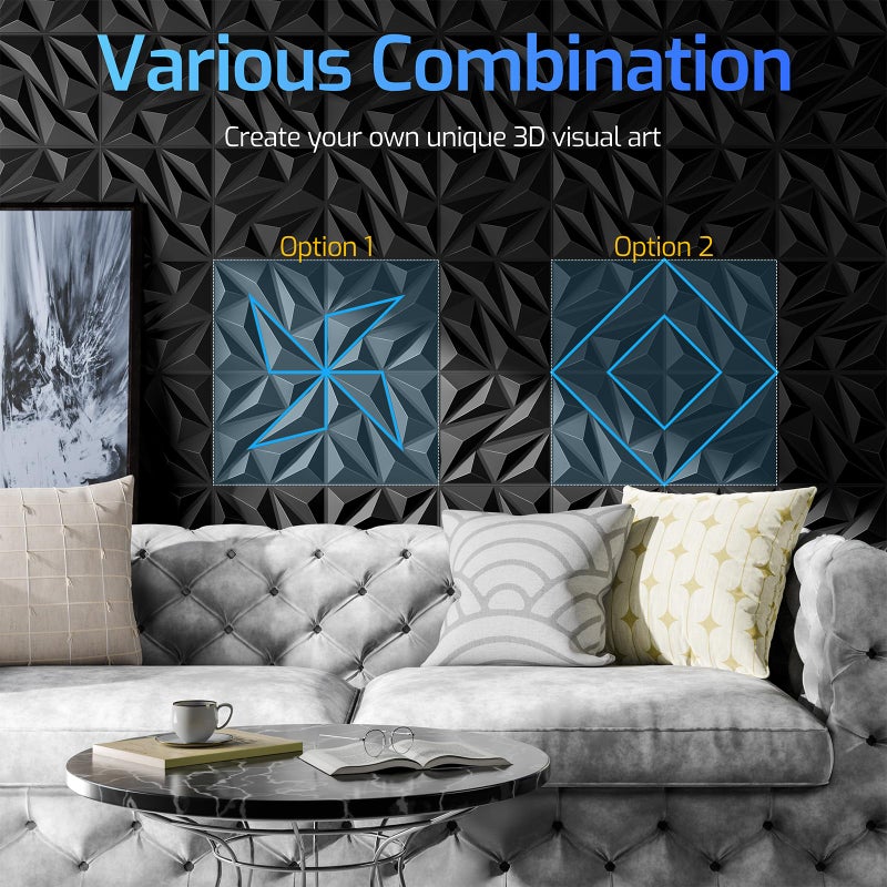 ZELMINE 3D Wall Panels Black 16 Pack (Covers 15.5 Sq.Ft), 12" x 12" Diamond Texture Premium PVC Wall Tiles for Interior Decor, Waterproof & Paintable Accent Paneling for Gaming Room, Living Room - Image 4