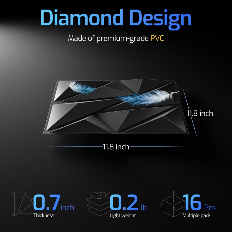 ZELMINE 3D Wall Panels Black 16 Pack (Covers 15.5 Sq.Ft), 12" x 12" Diamond Texture Premium PVC Wall Tiles for Interior Decor, Waterproof & Paintable Accent Paneling for Gaming Room, Living Room - Image 3