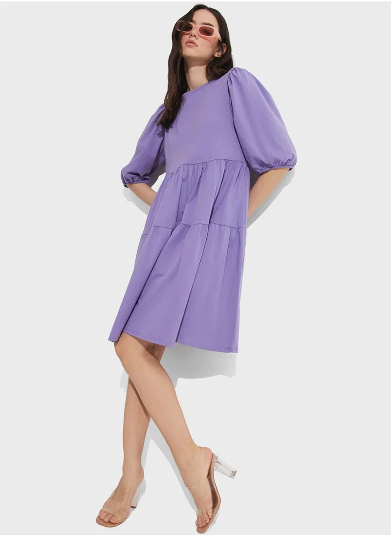 JUNE Puff Sleeve Tiered Dress