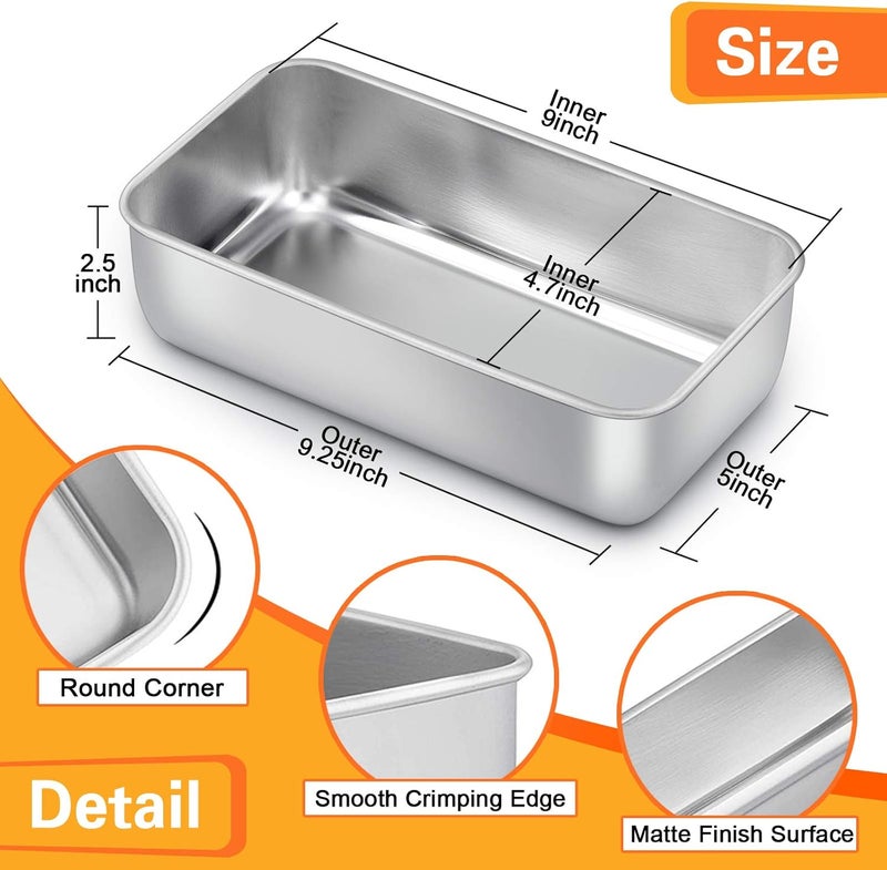 E-far Loaf Pan for Baking Bread, 9 x 5 Inch Stainless Steel Baking Loaf Pans, Metal Bakeware for Bread Meatloaf Cake Brownies, Healthy & Non Toxic, Easy Release & Dishwasher Safe - Set of 3 - Image 2