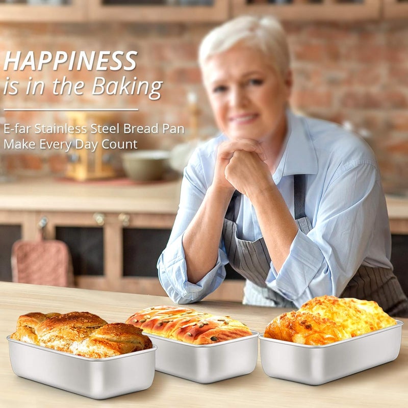 E-far Loaf Pan for Baking Bread, 9 x 5 Inch Stainless Steel Baking Loaf Pans, Metal Bakeware for Bread Meatloaf Cake Brownies, Healthy & Non Toxic, Easy Release & Dishwasher Safe - Set of 3 - Image 4