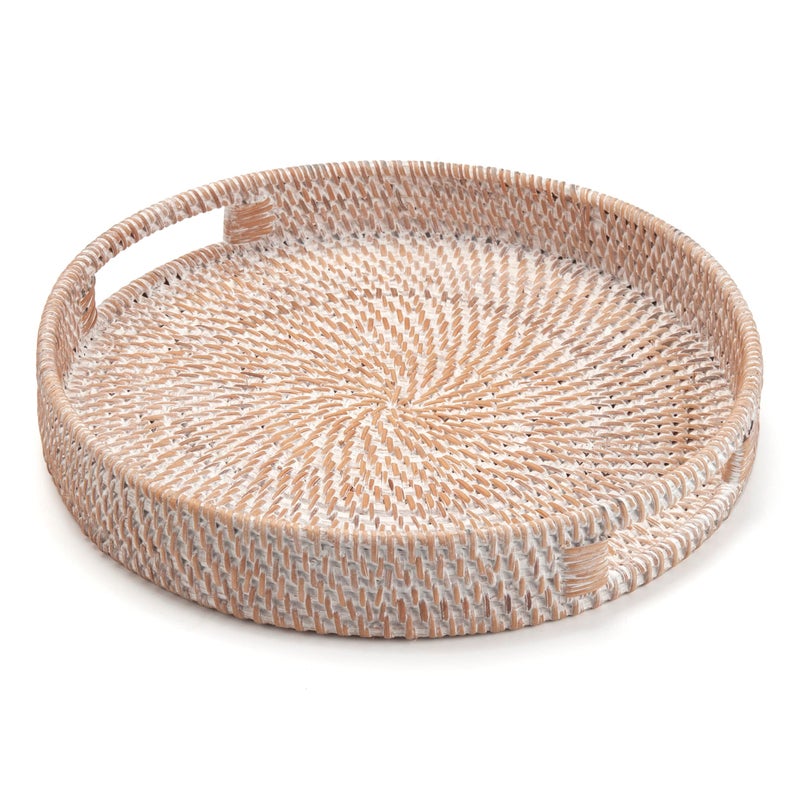 DECRAFTS Round Rattan Serving Tray Decorative Woven Ottoman Trays with Handles for Coffee Table White (Small 11.8 inch x 2 inch) - Image 2