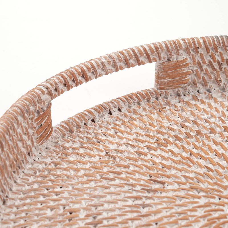 DECRAFTS Round Rattan Serving Tray Decorative Woven Ottoman Trays with Handles for Coffee Table White (Small 11.8 inch x 2 inch) - Image 3