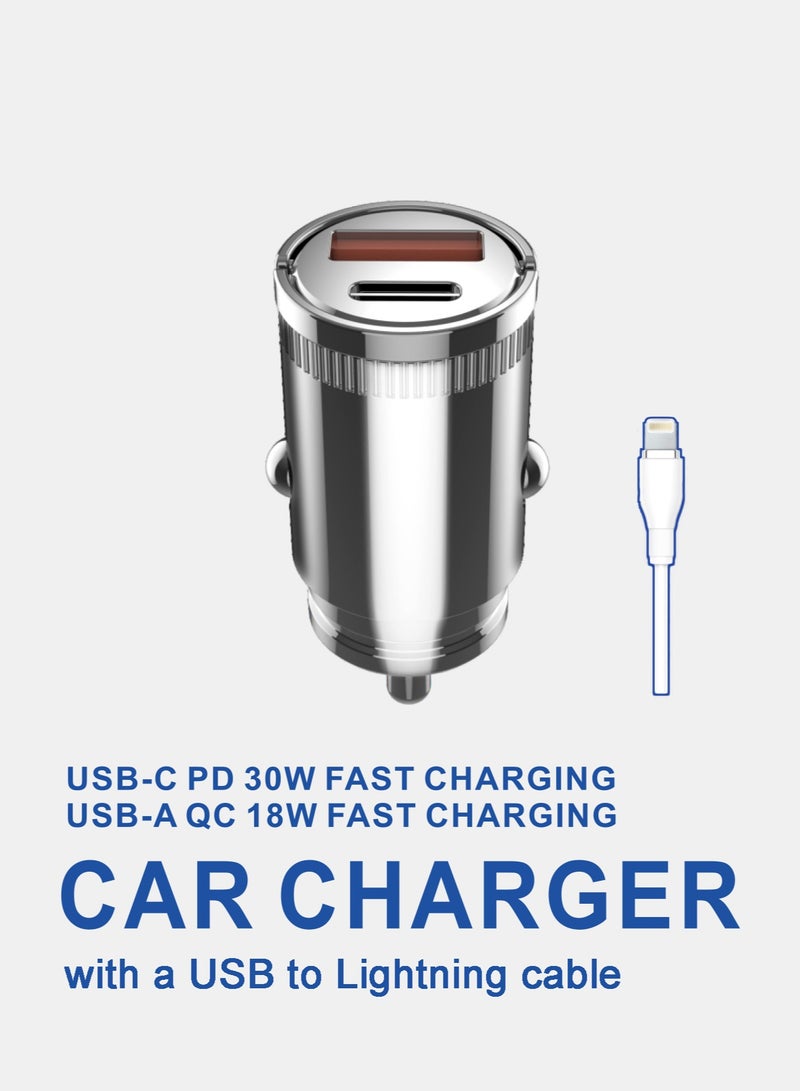 30W Fast Car Charger / Super Mini / Pull-ring Design / All Metal / PD & QC 3.0 / Dark Grey / With Lightning Cable Free - Image 1