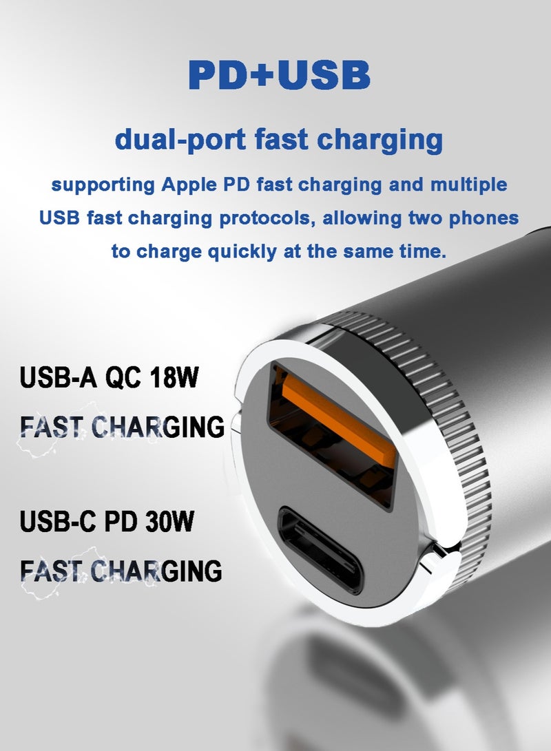 30W Fast Car Charger / Super Mini / Pull-ring Design / All Metal / PD & QC 3.0 / Dark Grey / With Lightning Cable Free - Image 5
