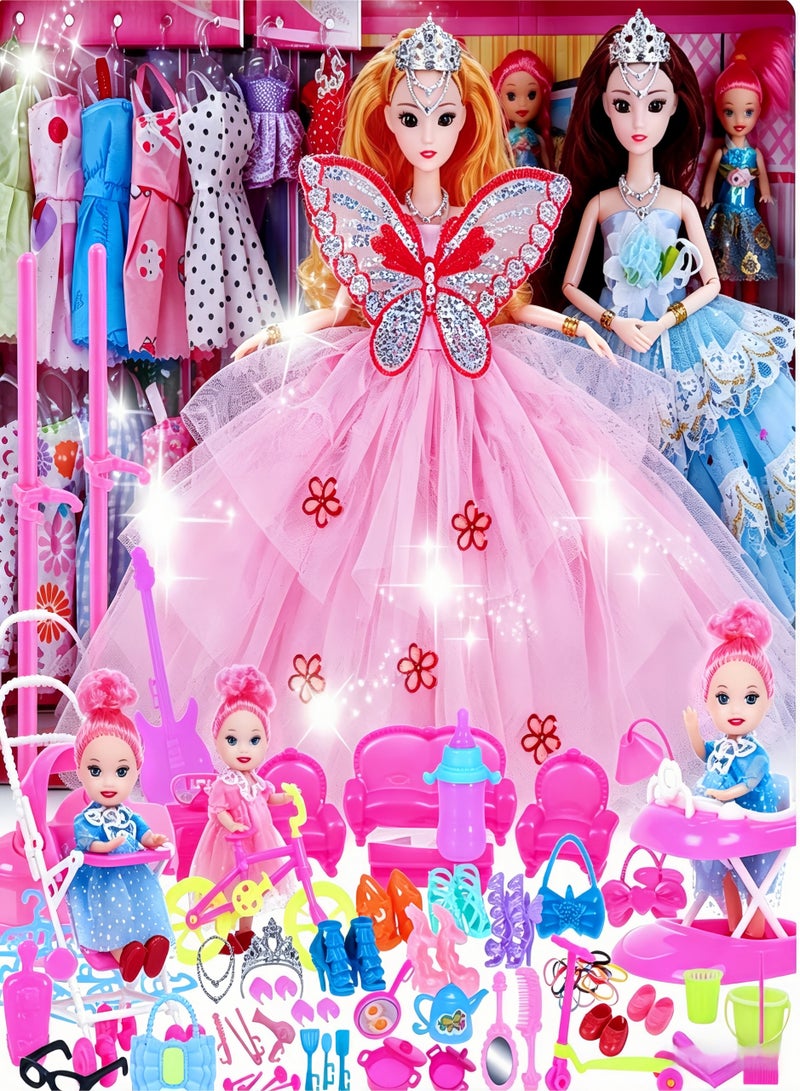 loven This 148-piece doll costume and accessory set includes a princess dress, sundress, top, pants, bikini swimsuit, shoes, crown, necklace, glasses, etc., packaged in a gift box. It is the perfect choice for birthday gifts, Christmas gifts, and gifts to exchange between children. - Image 1