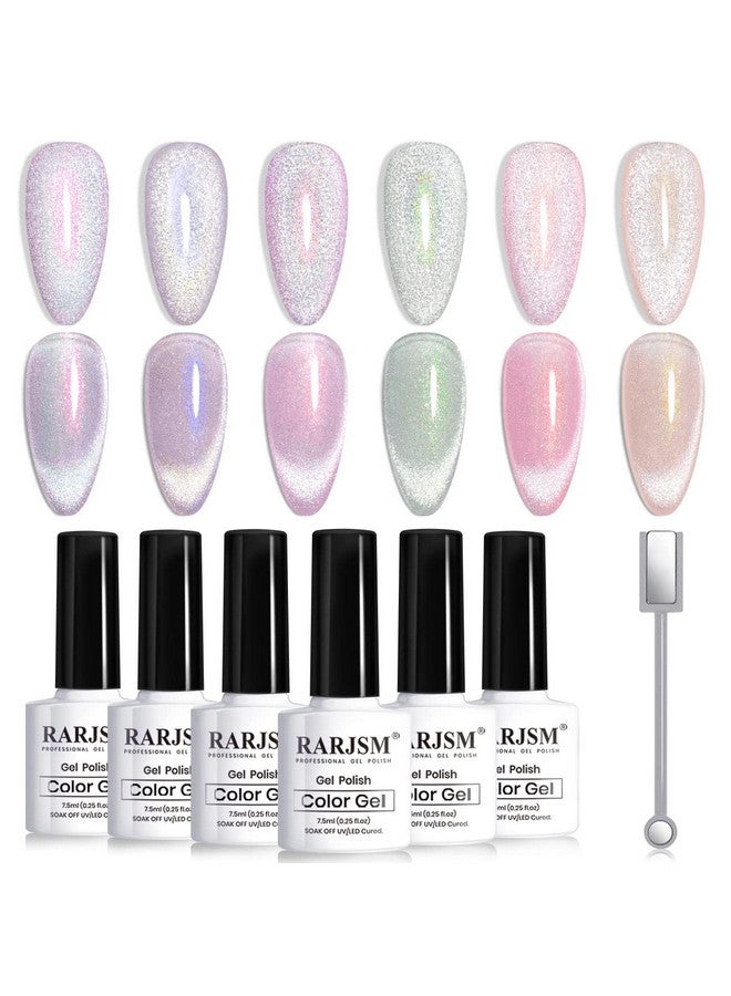 RARJSM Aurora Cat Eye Gel Nail Polish Set 6 Colors Velvet Silver Glitter Purple Pink Green Champagne Galaxy Star Cloud Ice Gel Polish With Magnet Stick Uv Led Curing Requires Soak Off Home Salon - Image 1