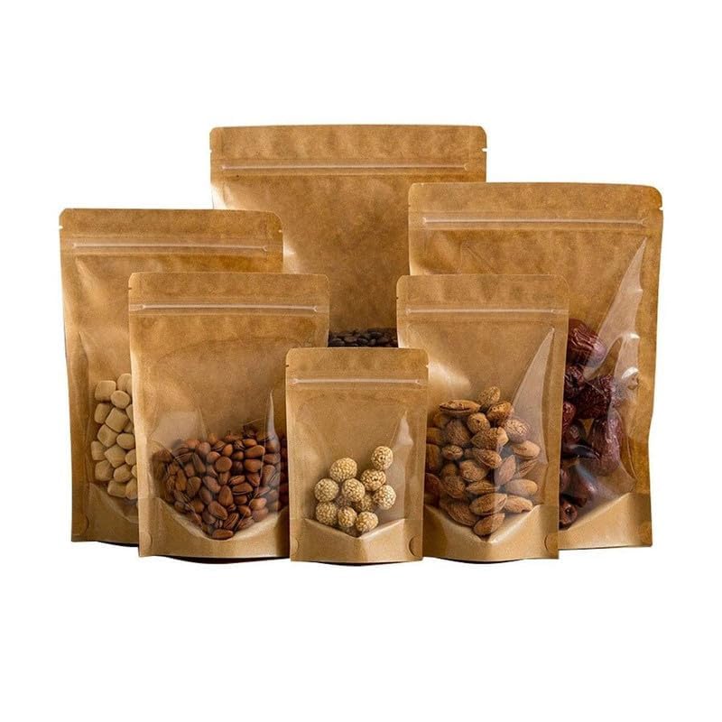 VELEXE Reusable Zip Lock Stand Up Pouches | Size: 180mm*260mm | Capacity: 750 Grams | Pack of 20 | Brown Kraft Paper & Transparent | Waterproof Leakproof Airtight Multi-Purpose Storage with Top Notch - Image 1
