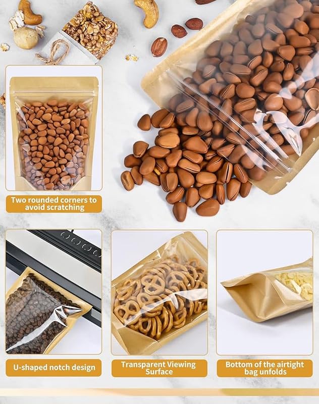 VELEXE Reusable Zip Lock Stand Up Pouches | Size: 180mm*260mm | Capacity: 750 Grams | Pack of 20 | Brown Kraft Paper & Transparent | Waterproof Leakproof Airtight Multi-Purpose Storage with Top Notch - Image 5