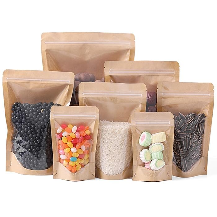 VELEXE Reusable Zip Lock Stand Up Pouches | Size: 180mm*260mm | Capacity: 750 Grams | Pack of 20 | Brown Kraft Paper & Transparent | Waterproof Leakproof Airtight Multi-Purpose Storage with Top Notch - Image 3