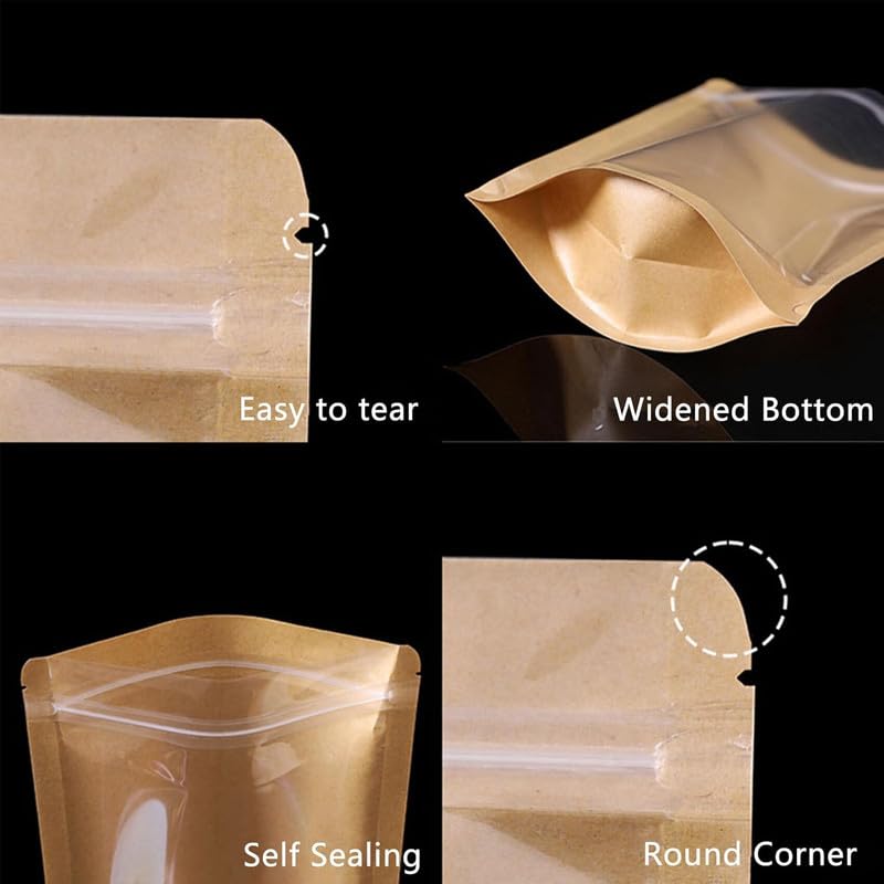 VELEXE Reusable Zip Lock Stand Up Pouches | Size: 180mm*260mm | Capacity: 750 Grams | Pack of 20 | Brown Kraft Paper & Transparent | Waterproof Leakproof Airtight Multi-Purpose Storage with Top Notch - Image 4