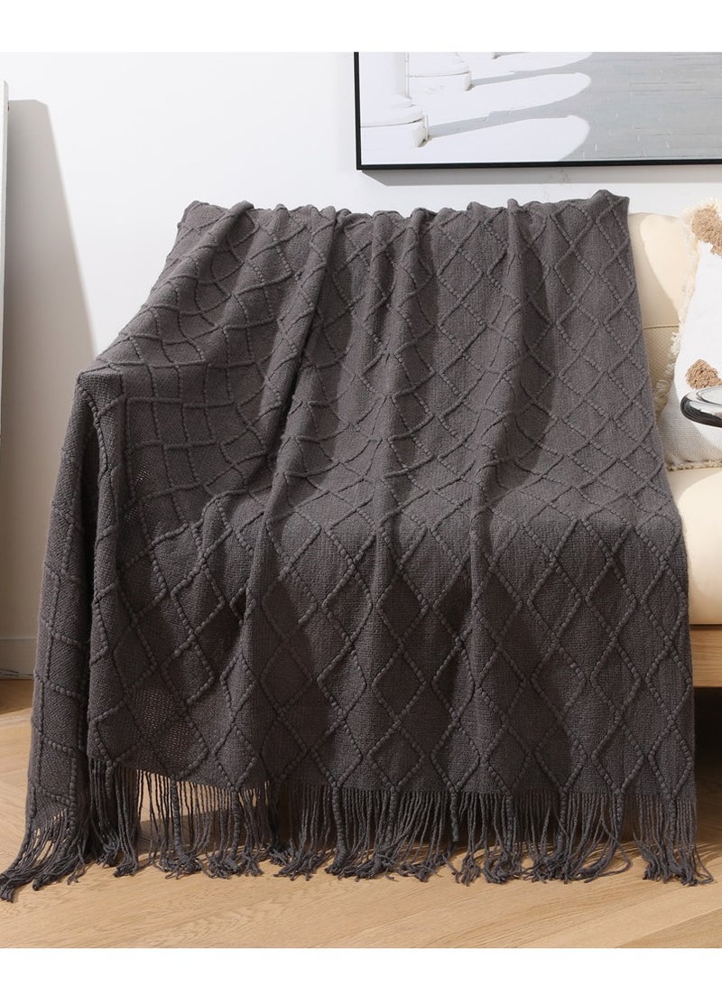 Loquat Tassel Design Knitted Soft Throw Blanket Keep Warm Ginger Dark Grey 