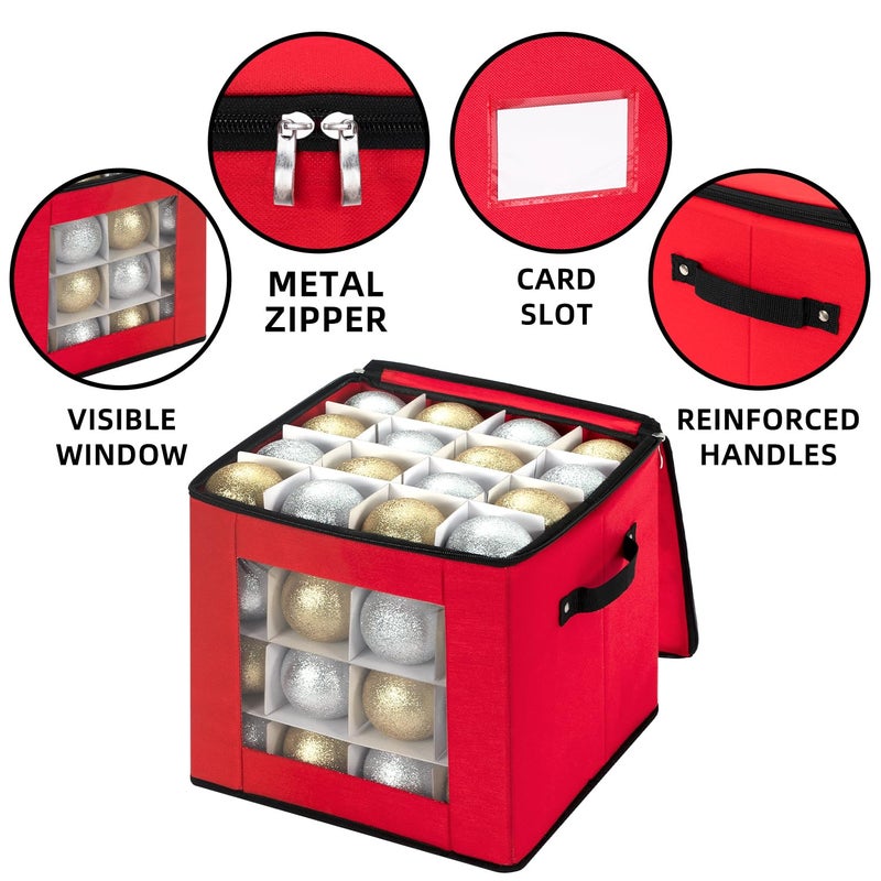RIDGEPOLE Christmas Visible Ornament Storage Box with Adjustable Dividers,Christmas Ornaments Organizer with Zipper, Storage Container Bin for Decorations(64 Ball, Red, without Tray) - Image 5