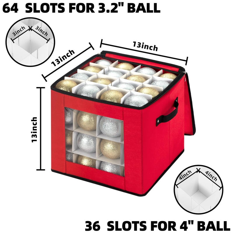 RIDGEPOLE Christmas Visible Ornament Storage Box with Adjustable Dividers,Christmas Ornaments Organizer with Zipper, Storage Container Bin for Decorations(64 Ball, Red, without Tray) - Image 2