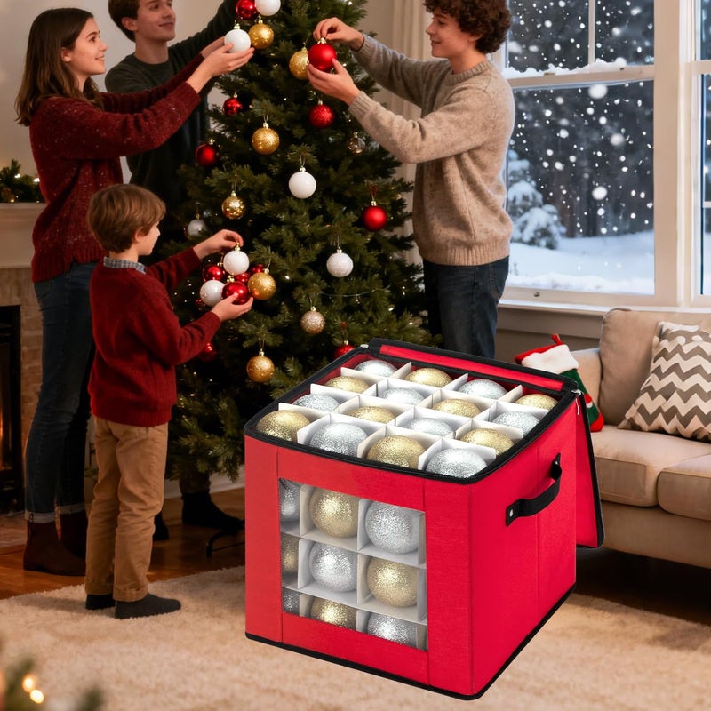 RIDGEPOLE Christmas Visible Ornament Storage Box with Adjustable Dividers,Christmas Ornaments Organizer with Zipper, Storage Container Bin for Decorations(64 Ball, Red, without Tray) - Image 3