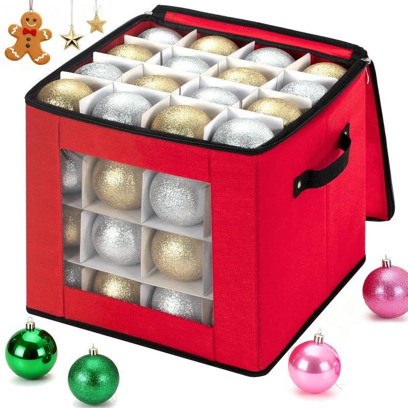 RIDGEPOLE Christmas Visible Ornament Storage Box with Adjustable Dividers,Christmas Ornaments Organizer with Zipper, Storage Container Bin for Decorations(64 Ball, Red, without Tray) - Image 1